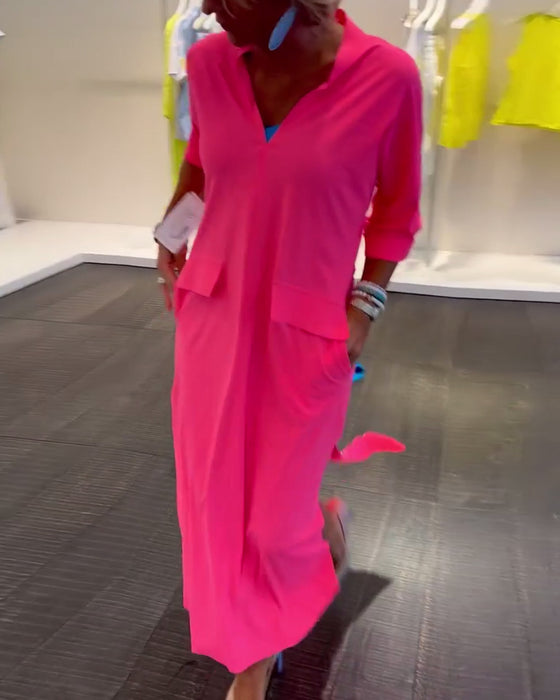 Slit V-neck solid color dress