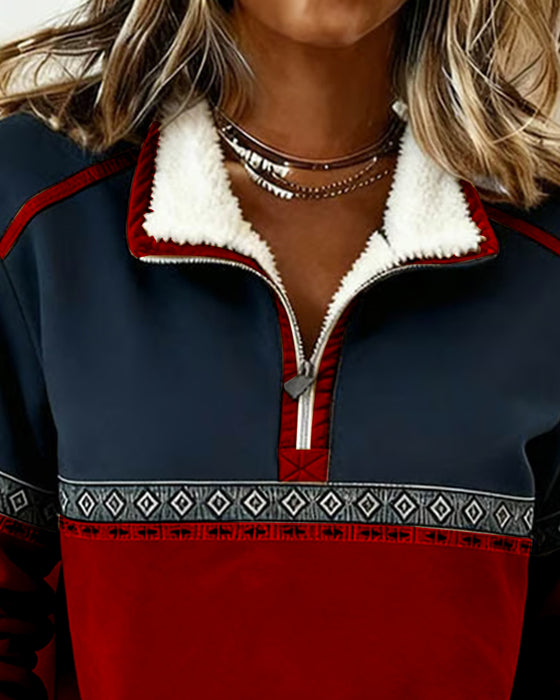 Retro Color-Blocked Fur Collar Sweatshirt