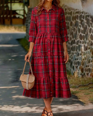 Plaid Seven-Quarter Sleeve Tiered Dress
