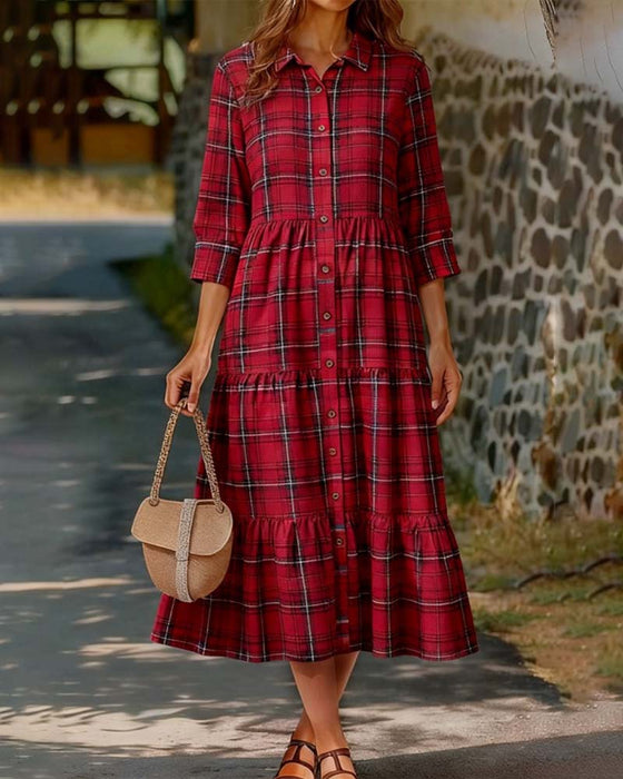 Plaid Seven-Quarter Sleeve Tiered Dress