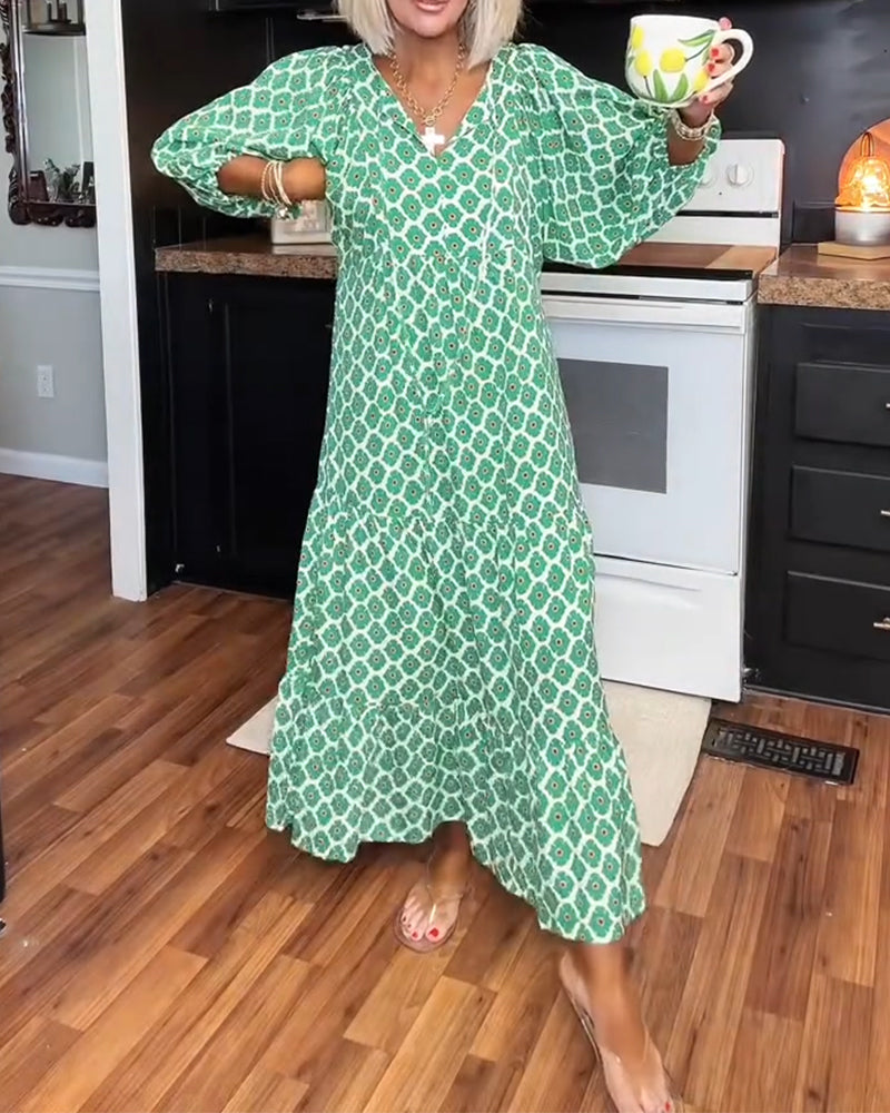 Diamond Print V-Neck Maxi Tiered Dress