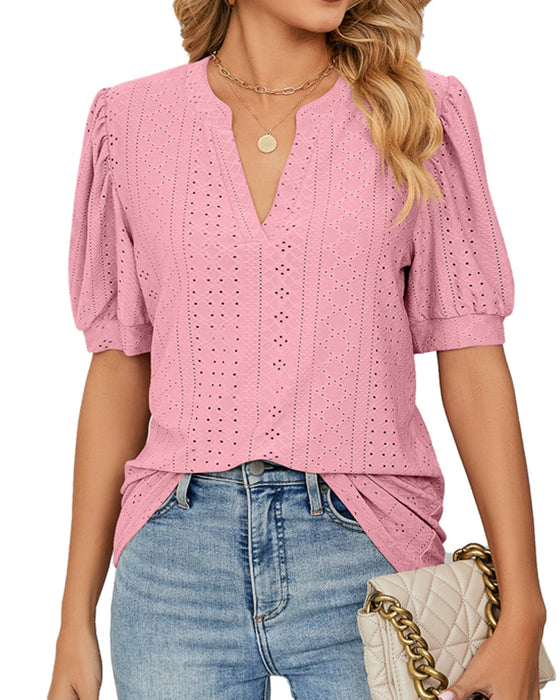 V-Neck Solid Color Hollow-Out Puff Sleeve Blouses