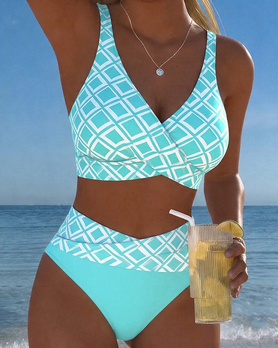 Diamond-Patterned Bra-Style Two-Piece Swimsuit