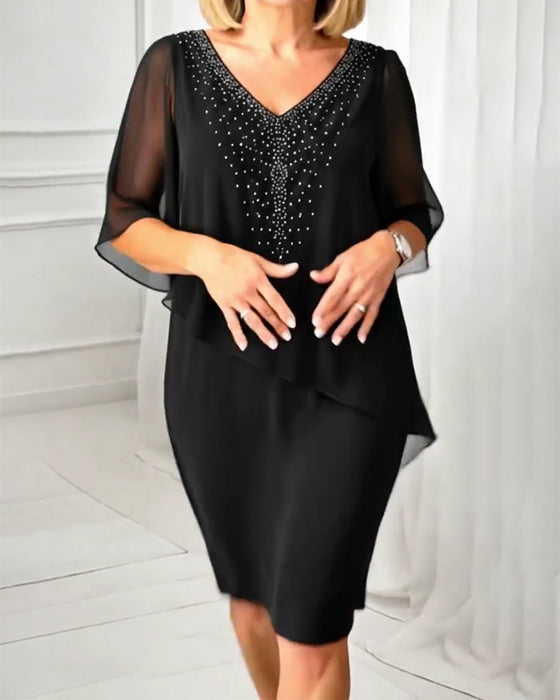 Casual V-Neck Rhinestone Dress