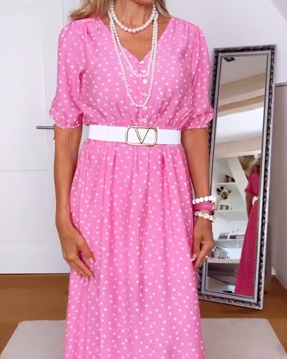 V-Neck Button Polka Dot Fitted Waist Dress
