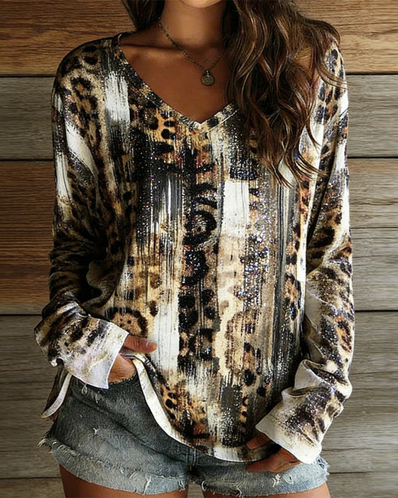 V-Neck Leopard Print Gradient Long Sleeve T-Shirt
