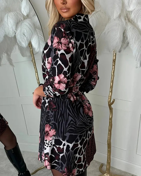 Leopard Floral Printed Shirt Dress