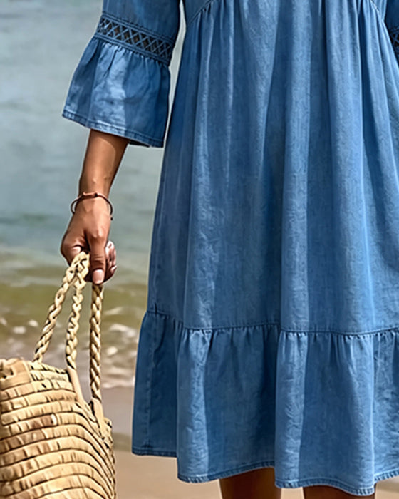 V-Neck Flared Sleeve Shirred Dress