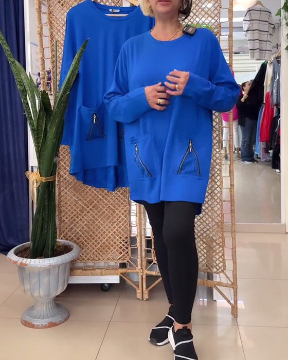 Round Neck Solid Color Zipper Pocket Sweatshirt