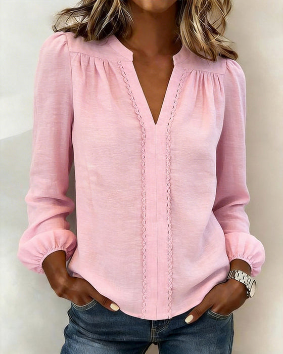 Solid Color V-Neck Patchwork Top