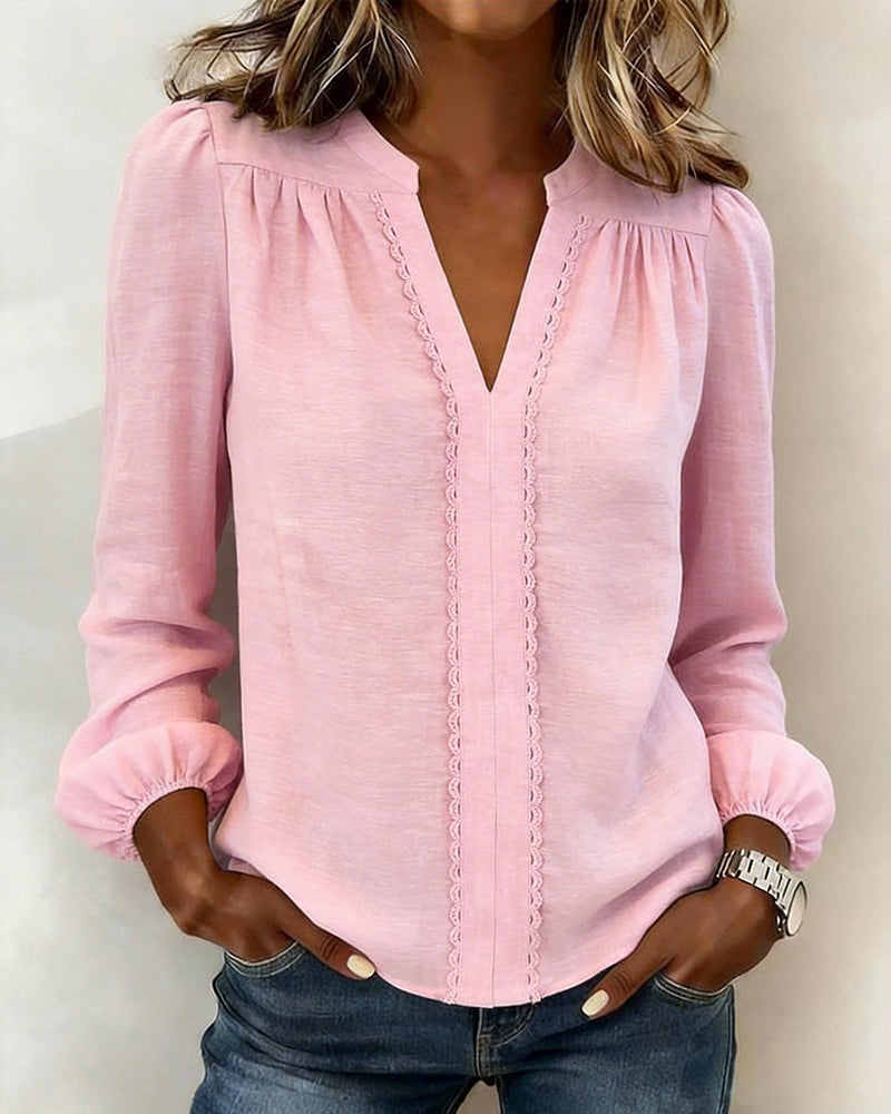 Solid Color V-Neck Patchwork Top