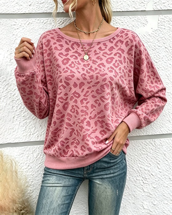 Leopard Crewneck Drop Shoulder Pullover Sweatshirt