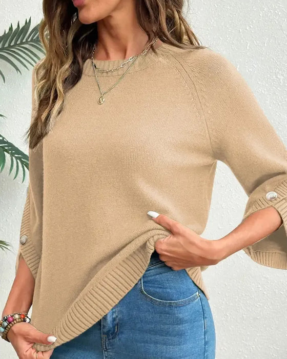 Crew Neck Button-Up Bell Sleeve Pullover