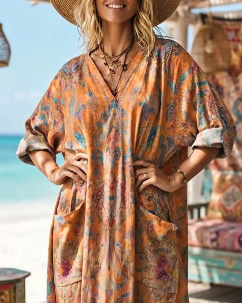 Retro Floral Print V-Neck Maxi Dress