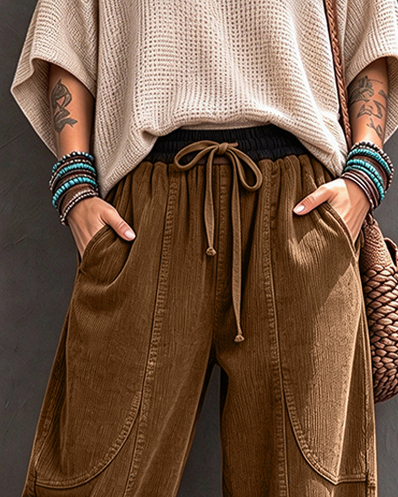 Elastic Waist Color-Block Cropped Wide-Leg Pants
