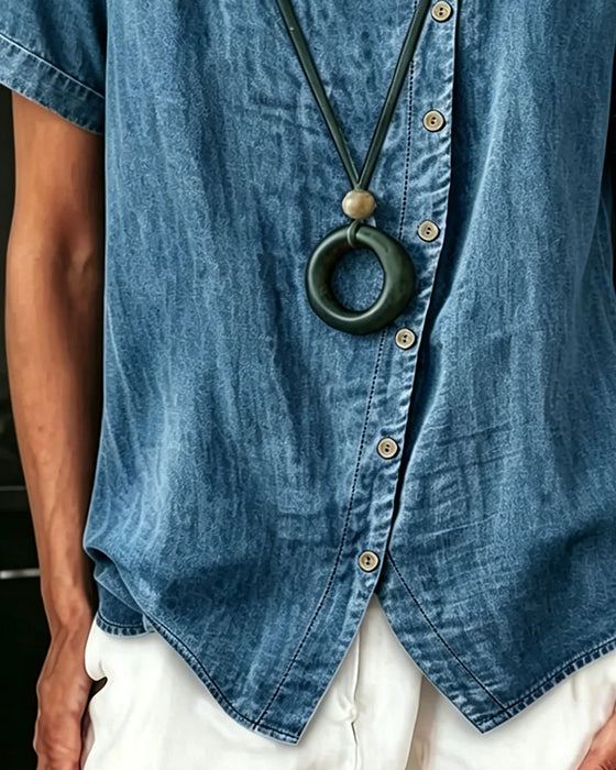 Asymmetrical Crew Neck Denim Blouse