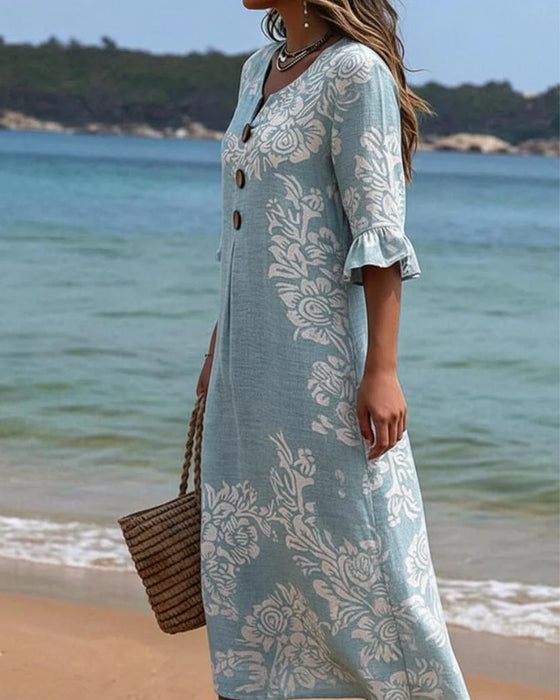 Floral Print Three-Button Long Dresses