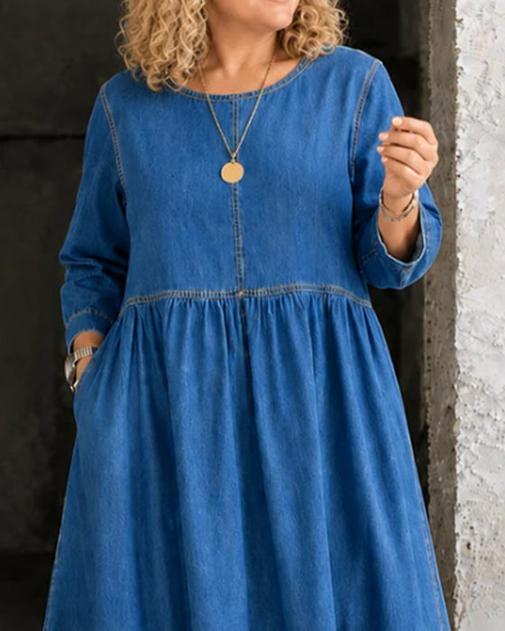 Round Neck Pleated Long Sleeve Denim Dress