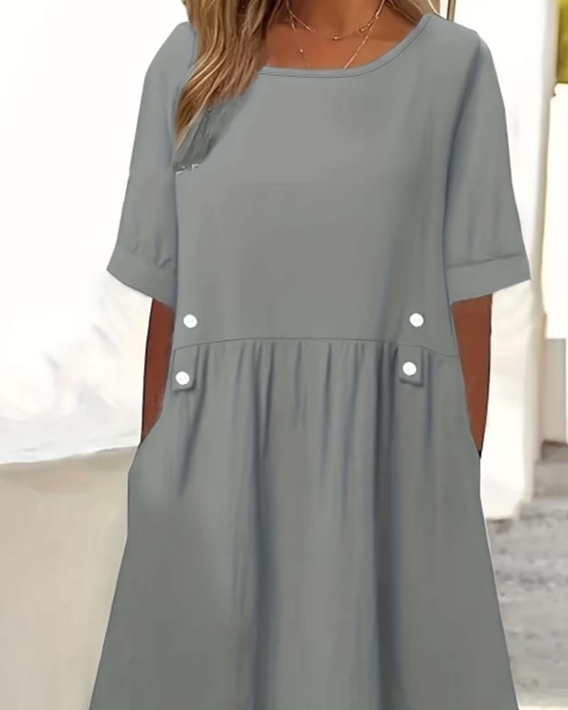Crew Neck Short Sleeve Solid Color Dress