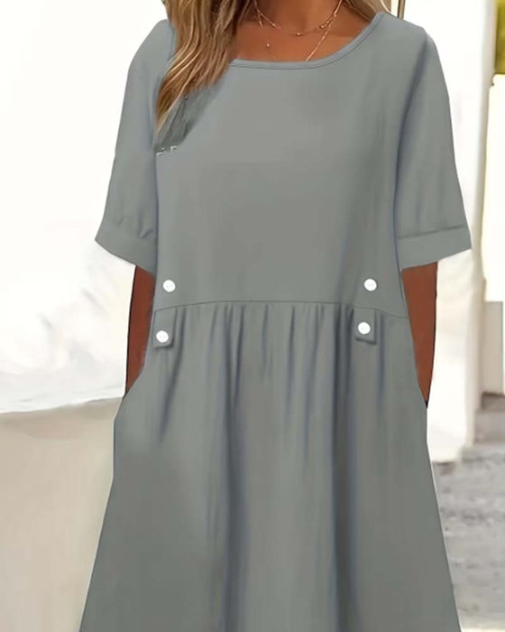 Crew Neck Short Sleeve Solid Color Dress