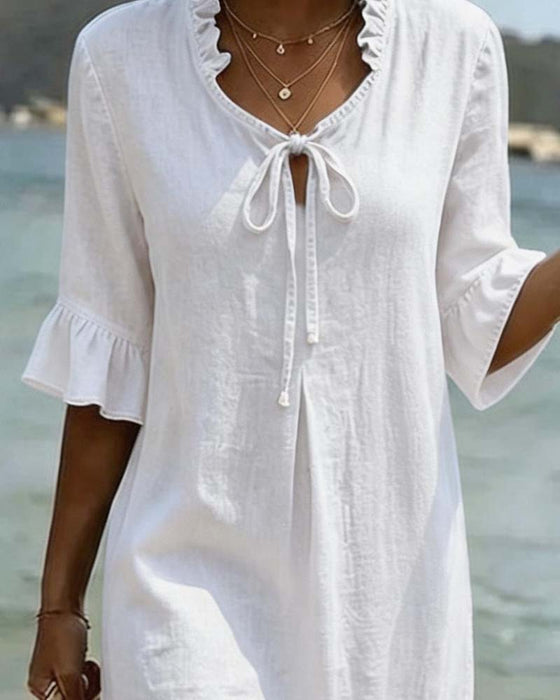 Lace Up Ruffle Sleeve Dress