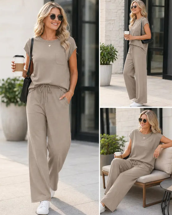 Solid Color Short Sleeve and Long Pants Set