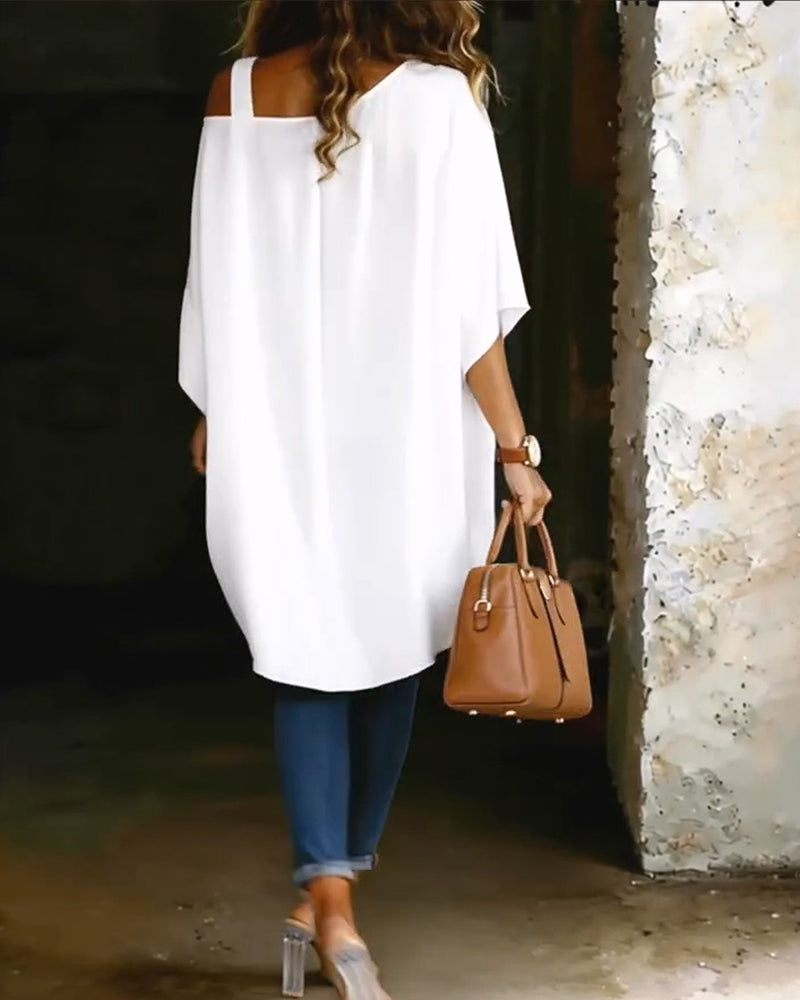 Asymmetric Cold-Shoulder Solid Color Casual Blouse