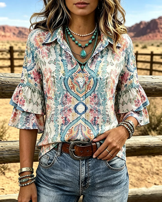 Color-Block Double Layer Ruffle Sleeve Shirt