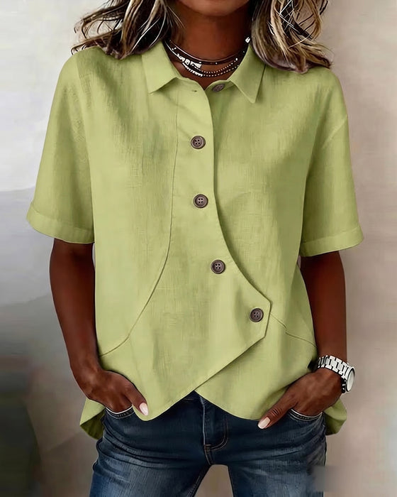 Asymmetrical Cotton Linen Placket Button-Down Shirt