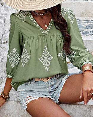 V-Neck Diamond Print Three-Quarter Sleeve Blouse