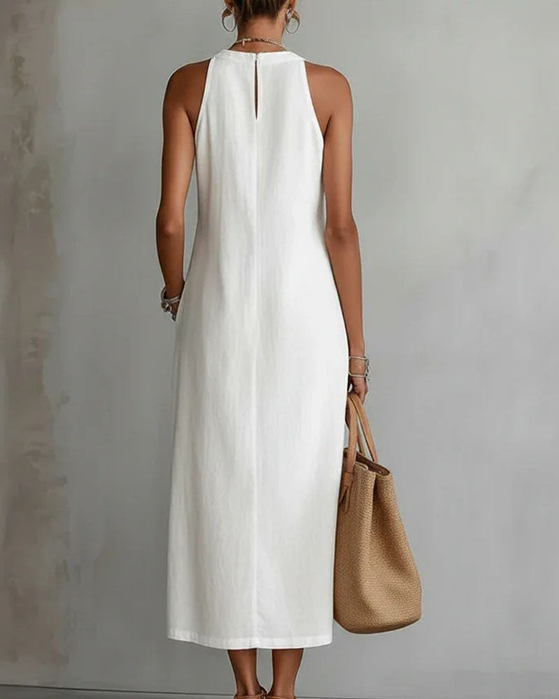 Sleeveless Lace Patchwork Linen Cotton Midi Dress