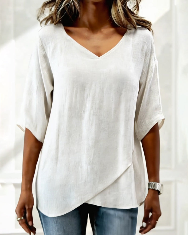 Irregular Hem Solid Color V-Neck Top