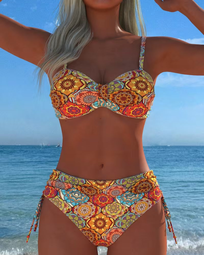 Lace Up Hoop Print Bikini