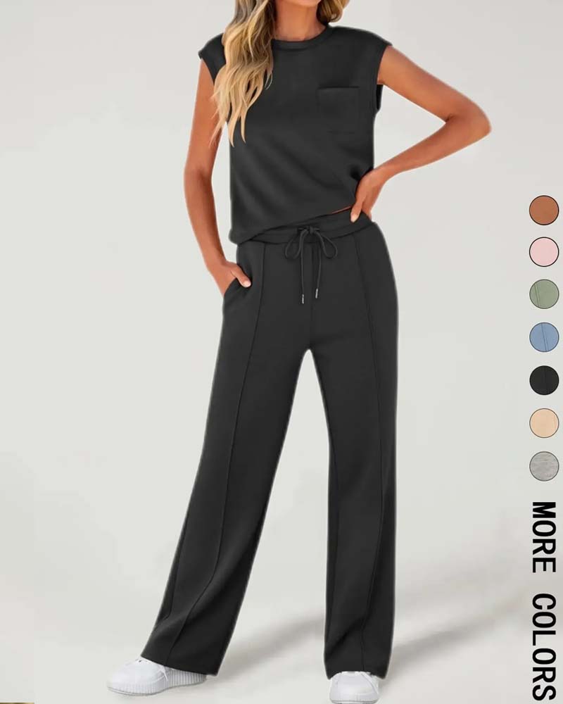 Solid Sleeveless Short Sleeve Casual Set