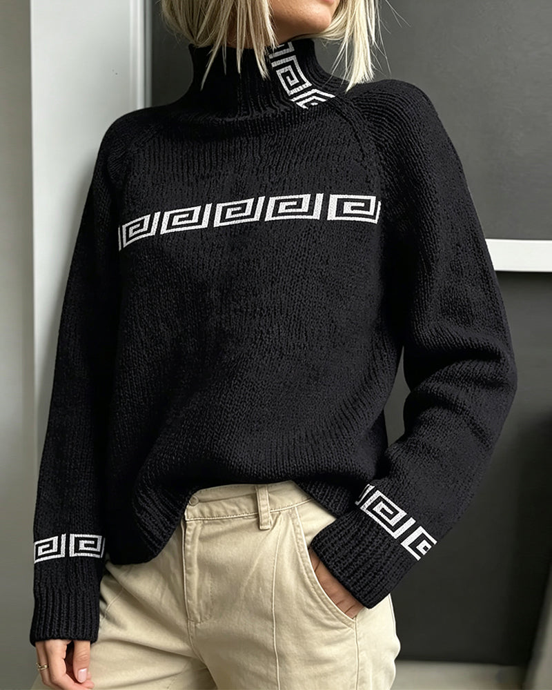 Geometric Meander Turtleneck Pullover Sweater