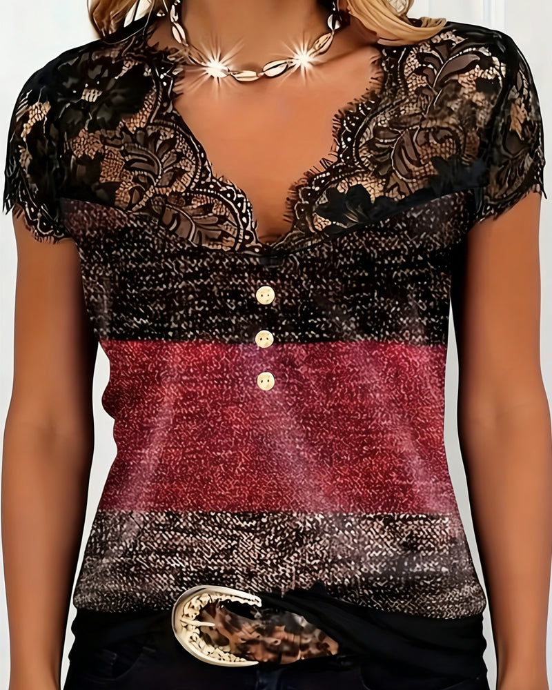 V-Neck Lace Patchwork Contrast Color T-Shirt