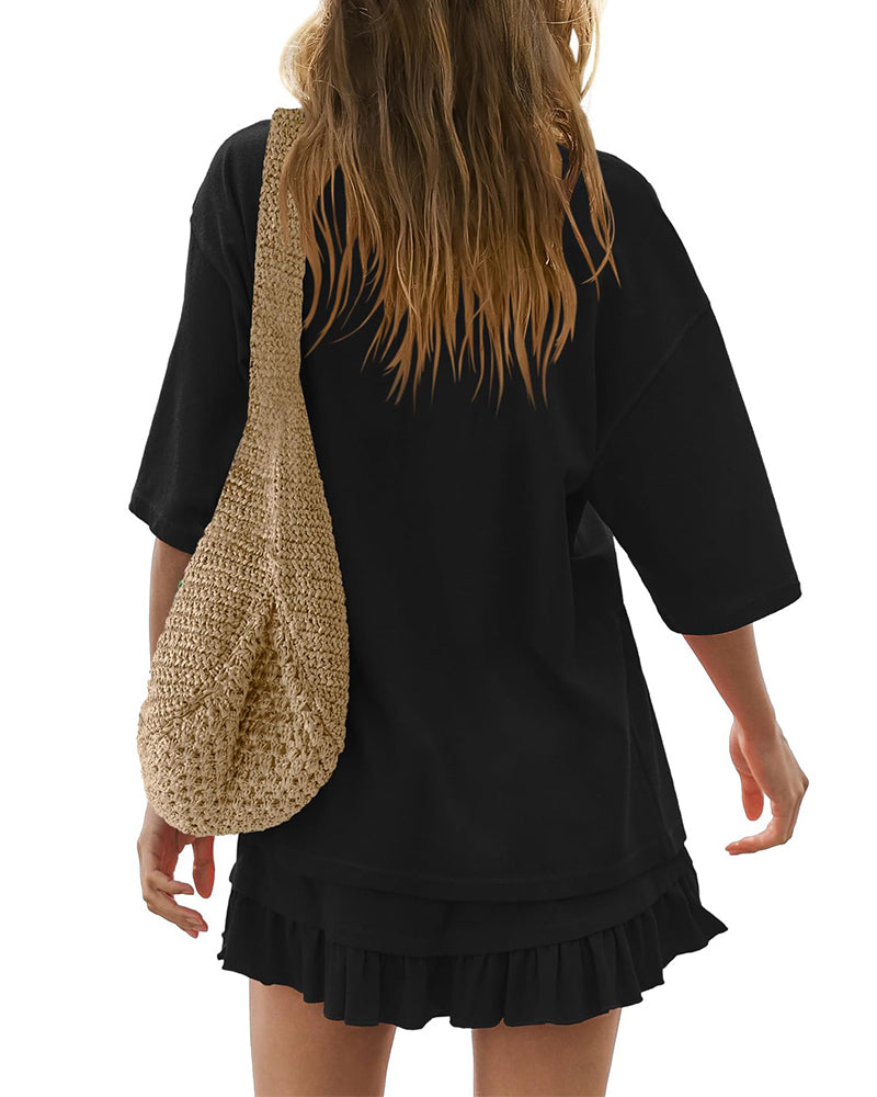 Round Neck Solid Color Two Piece Set
