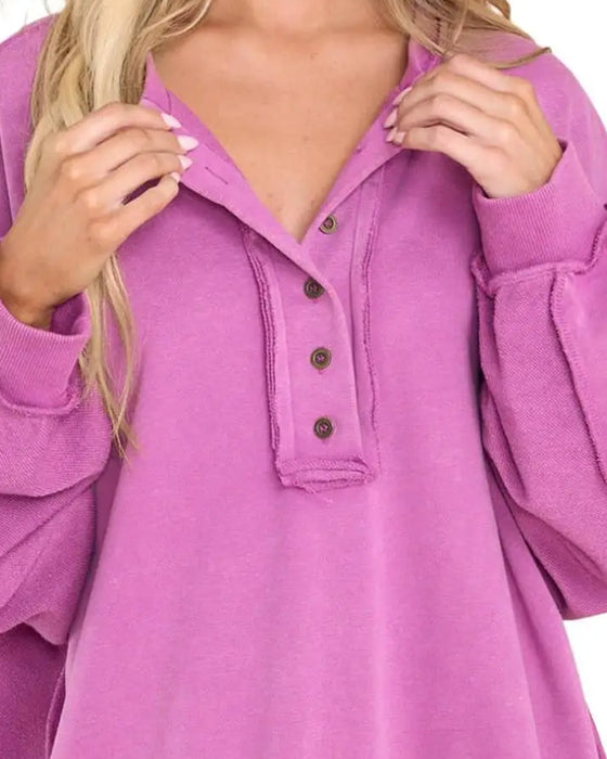 Button Irregular Solid Loose Sweatshirt