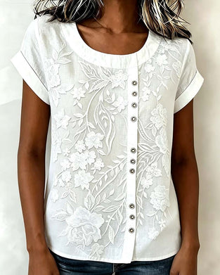 Floral Button Crewneck Short Sleeve Blouse