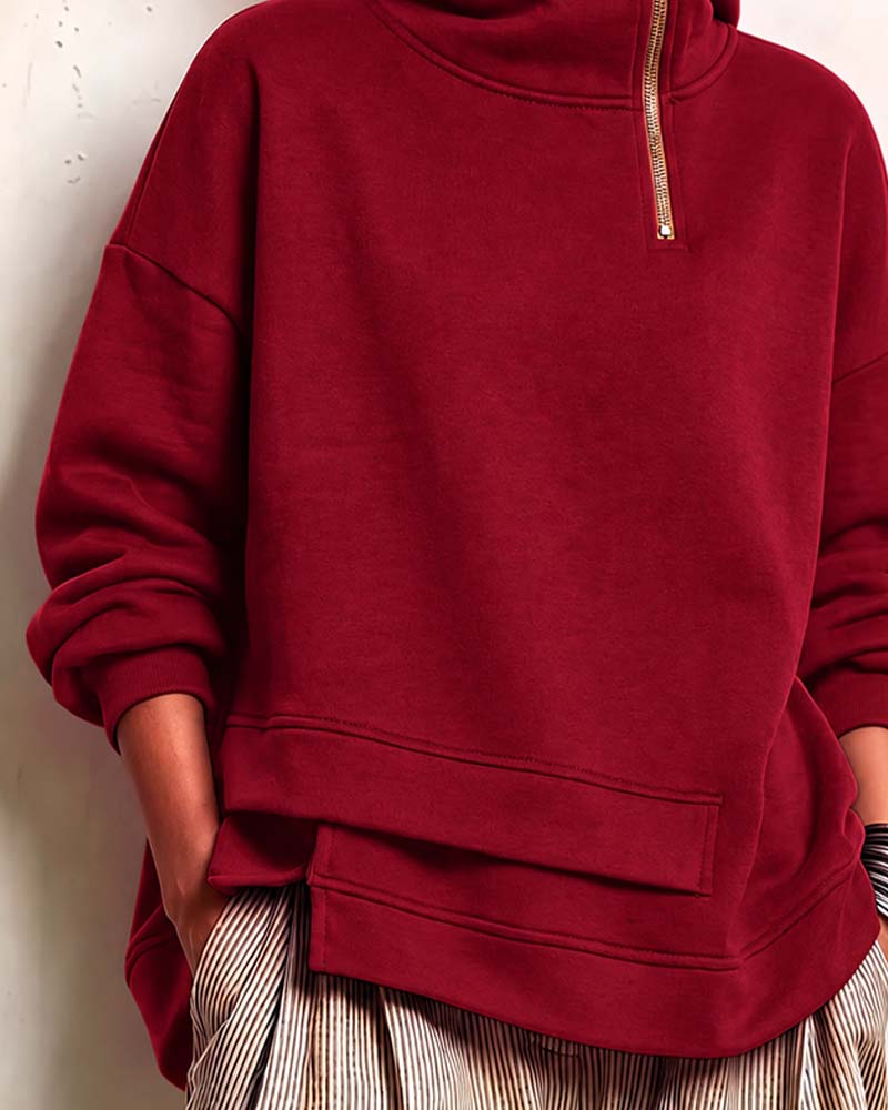 Turtleneck Zip Irregular Sweatshirt
