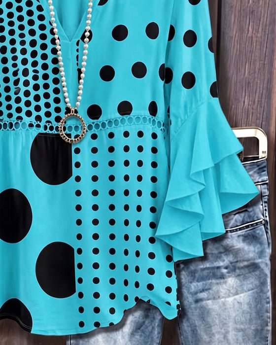 Mixed Polka Dot Patchwork Ruffle Blouse