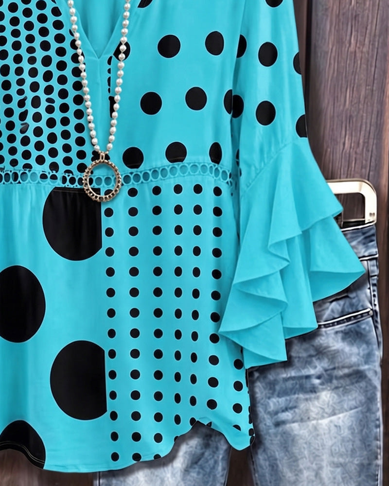 Mixed Polka Dot Patchwork Ruffle Blouse