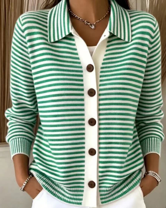 Lapel Button Striped Cardigan
