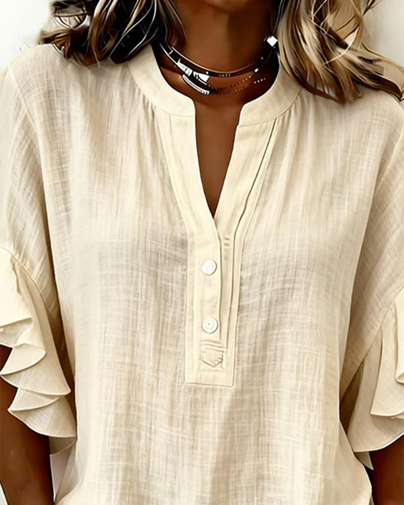 Cotton V-Neck Flutter Short Sleeve Blouse