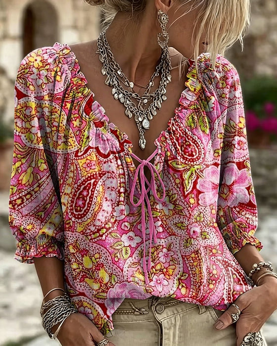 V-Neck Tie Print Bubble Sleeve Blouse