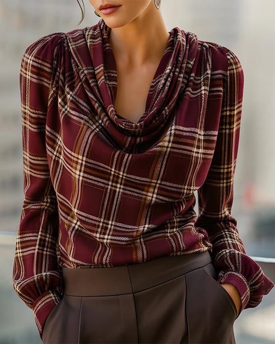 Plaid Long-Sleeved Collared Top