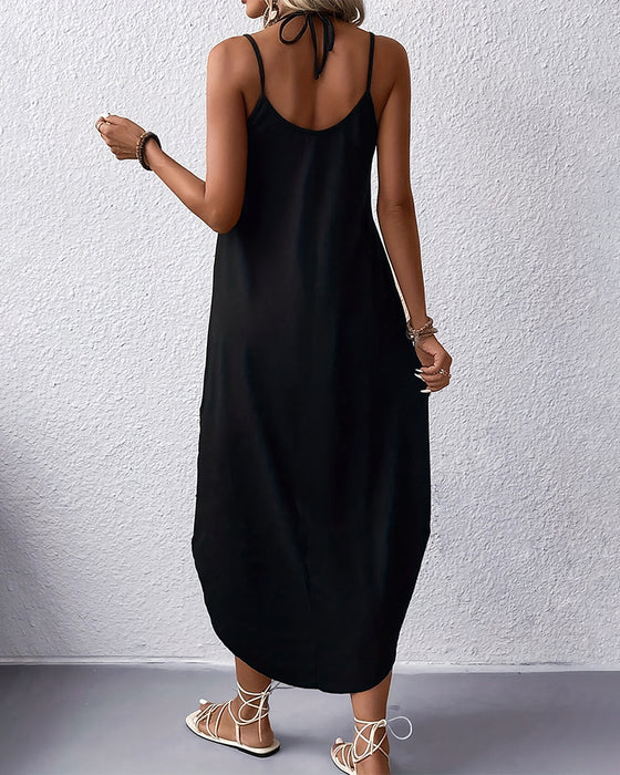 V-Neck Suspender Slit Printed Dress