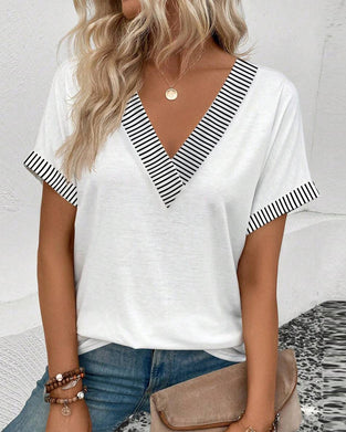 V-Neck Striped Contrast Casual Blouse