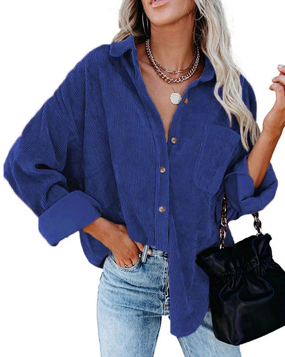 Solid Color Corduroy Pocket Blouse