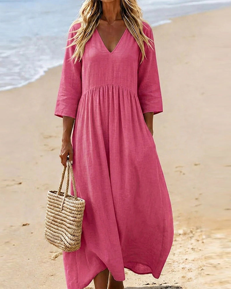 V-Neck 3/4 Sleeve Solid Color Long Dress